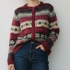 Vintage Tangents Patterned Wool Blend Zip-Up Sweater - Red and Black